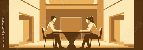 Two individuals engage in a focused discussion across a table within a modern, minimalist interior setting, conveying collaboration or negotiation.