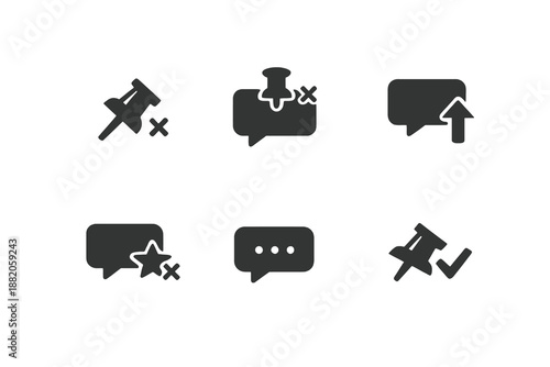 Set of 6 chat mute and notification control icons designed for customer service platforms and message management interfaces. Clean monochromatic vector symbols for web and mobile platforms.