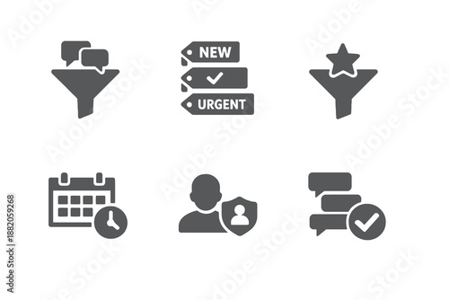 Set of 6 chat pin and priority conversation icons designed for customer service platforms and message organization interfaces. Clean monochromatic vector symbols for web and mobile platforms.