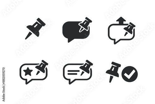 Set of 6 chat unpin and conversation reorder icons designed for customer service platforms and message organization interfaces. Clean monochromatic vector symbols for web and mobile platforms.