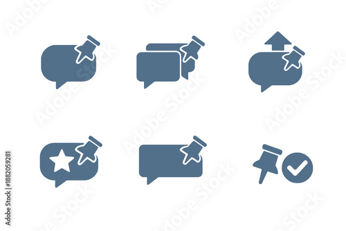 Digital customer support chat unpin icon set showing removal of pinned conversations and priorities. Monochrome flat vector icons ideal for UI, apps and helpdesk dashboards.