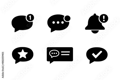Set of 6 chat notification and alert icons designed for customer service messaging systems and helpdesk interfaces. Clean monochromatic vector symbols for web and mobile platforms.