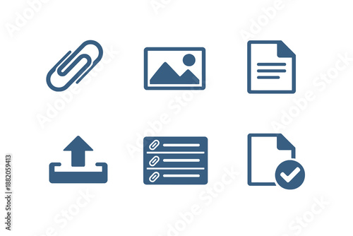Set of 6 chat attachment and file sharing icons designed for customer service chats, helpdesk tools and communication interfaces. Clean monochromatic vector symbols for web and mobile platforms.