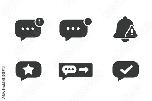 Digital customer support chat notification icon set showing new messages, alerts and response indicators. Monochrome flat vector icons ideal for UI, apps and support dashboards.