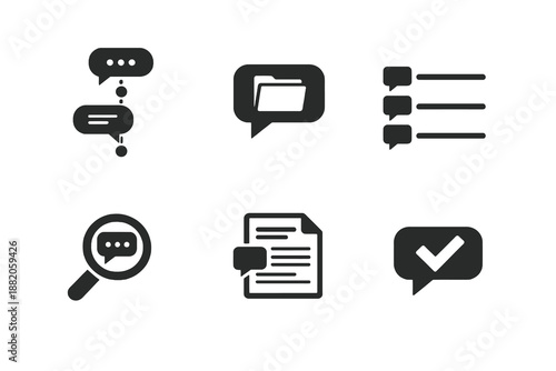 Set of 6 chat history and conversation log icons designed for customer service platforms, messaging systems and helpdesk interfaces. Clean monochromatic vector symbols for web and mobile platforms.