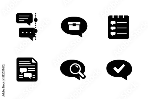 Digital customer support chat history icon set showing conversation records, archives and message tracking. Monochrome flat vector icons ideal for UI, apps and support dashboards.
