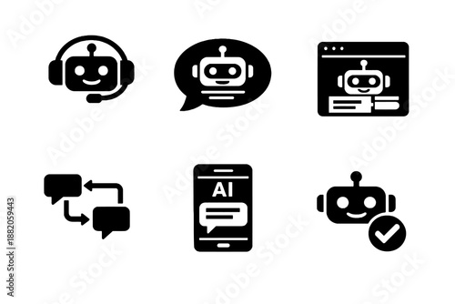 Digital customer support chatbot icon set showing automated assistance, AI chat and self-service support. Monochrome flat vector icons ideal for UI, apps and support platforms.