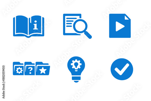 Digital customer support knowledge base icon set showing help articles, tutorials and solutions. Monochrome flat vector icons ideal for UI, apps and support platforms.