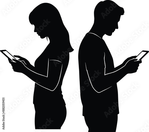 Silhouette of man and woman using smartphones back to back, digital addiction, modern technology, social disconnection, mobile device obsession