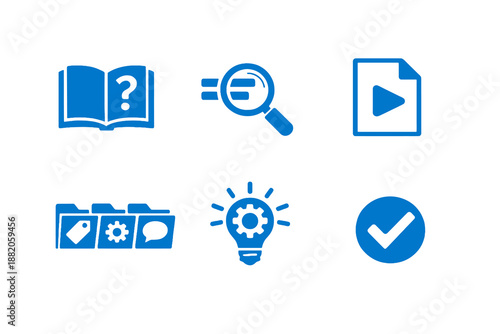 Set of 6 knowledge base and help center icons designed for customer self-service, documentation and support systems. Clean monochromatic vector symbols for web and mobile interfaces.