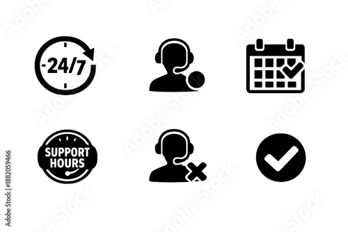 Set of 6 support availability and service hours icons designed for help centers, customer service platforms and contact pages. Clean monochromatic vector symbols for web and mobile interfaces.
