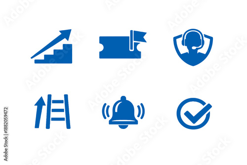 Set of 6 support escalation and priority icons designed for helpdesk workflows, issue management and service operations. Clean monochromatic vector symbols for web and mobile interfaces.