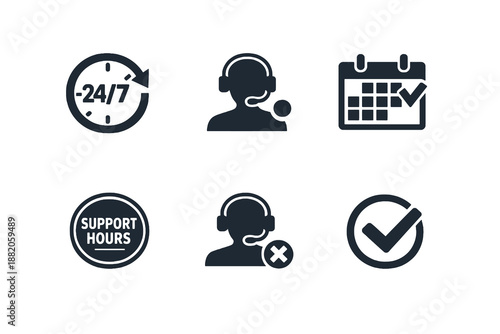 Digital customer support availability icon set showing service hours, online status and accessibility. Monochrome flat vector icons ideal for UI, apps and support dashboards.