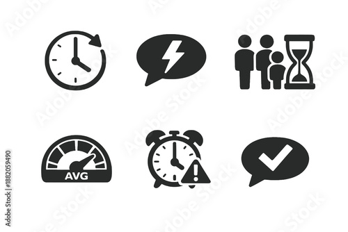 Set of 6 customer support response time icons designed for service performance tracking and helpdesk analytics interfaces. Clean monochromatic vector symbols for web and mobile platforms.