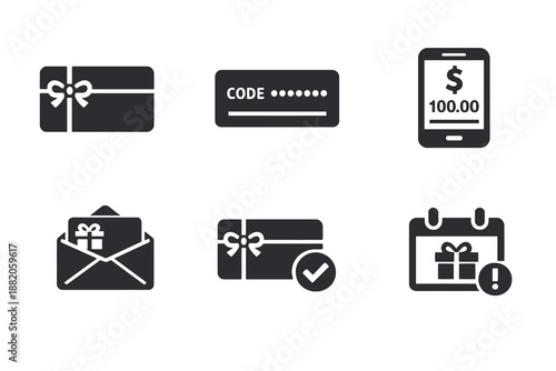 Set of 6 ecommerce gift card and voucher icons designed for digital gifting, promotions and checkout incentives. Clean monochromatic vector symbols for web and mobile platforms.