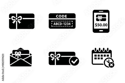 Digital gift card icon set showing vouchers, balances and gift redemption. Monochrome flat vector icons ideal for ecommerce UI, apps and online store pages.