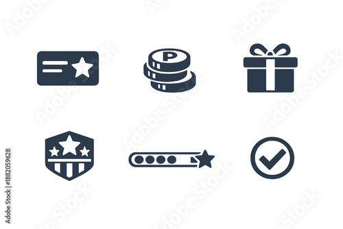 Digital loyalty rewards icon set showing points, rewards and customer retention programs. Monochrome flat vector icons ideal for ecommerce UI, apps and customer accounts.