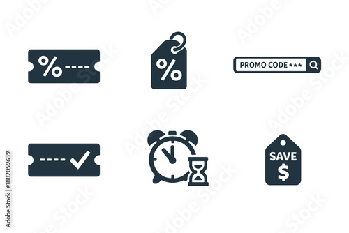 Set of 6 ecommerce discount and coupon icons designed for promotions, checkout incentives and sales interfaces. Clean monochromatic vector symbols for web and mobile platforms.
