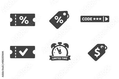 Digital discount coupon icon set showing promotions, promo codes and savings. Monochrome flat vector icons ideal for ecommerce UI, apps and online store pages.