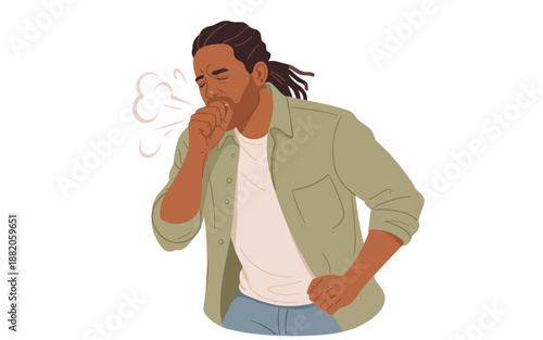 Man coughing with hand on stomach in casual clothing, experiencing discomfort from an illness or infection, illustrated in a simple style