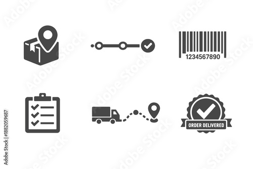 Set of 6 ecommerce order tracking icons designed for logistics, delivery updates and customer order status interfaces. Clean monochromatic vector symbols for web and mobile platforms.