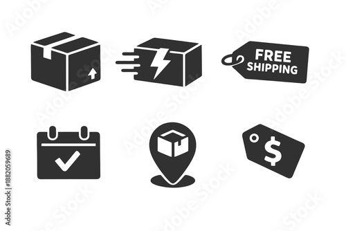 Digital shipping options icon set showing delivery types, costs and fulfillment choices. Monochrome flat vector icons ideal for ecommerce UI, apps and checkout pages.