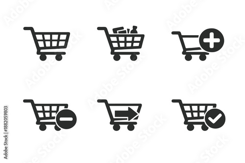 Set of 6 ecommerce shopping cart icons designed for online stores, mobile apps and web interfaces. Clean monochromatic vector symbols for digital commerce platforms.