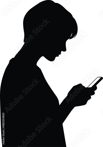 Silhouette of person using smartphone in profile view, minimal black vector for digital lifestyle, mobile addiction, and tech concept