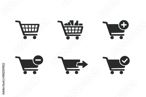 Digital shopping cart icon set showing ecommerce actions, product selection and checkout flow. Monochrome flat vector icons ideal for UI, apps and online store websites.