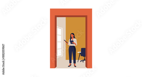 A confident female real estate agent stands in a doorway, presenting a modern apartment with warm interior colors and natural light.