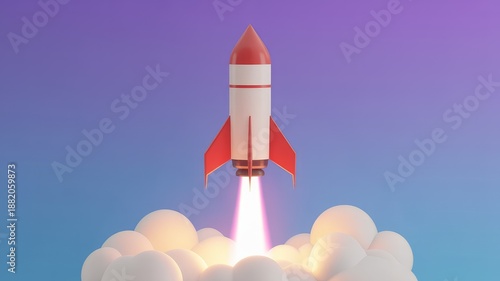 A 3D rendered illustration of a red and white rocket launching into a purple and blue gradient sky, with bright flames and smoke.