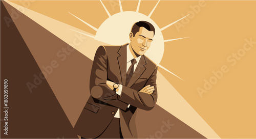 Confident businessman in a suit with arms crossed, standing against a sunburst background, radiating success and professionalism.