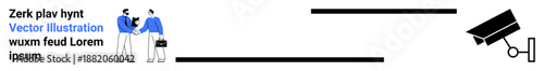 Privacy, surveillance, data security, business communication, monitoring systems, workplace dynamics. Two figures engaging with a camera in the corner. Privacy and surveillance concept