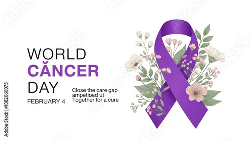 World cancer day awareness poster with purple ribbon and flowers on white background for healthcare and support
