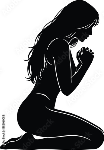 Silhouette of praying woman kneeling in contemplation, spiritual meditation pose, emotional reflection, peaceful solitude, black vector illustration for design