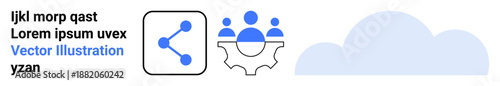 Technology, teamwork, networking, cloud storage, data sharing, innovation. Minimalist cloud design, gear with people icons and connection icon. Technology and teamwork concepts