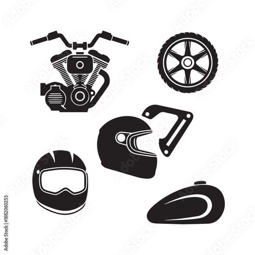 Motorcycle Elements Set Vector Icons for Bike Parts, Repair and Racing Design