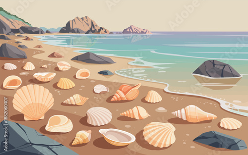 A serene beach scene with seashells and rocks on the sandy shore, overlooking the calm ocean waters and distant rocky cliffs from a gentle viewpoint