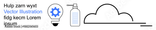 Innovation, technological advancement, health safety, modern solutions, cloud storage, clean energy. Gear inside a bulb, sanitizer bottle and cloud outline. Innovation and technological advancement