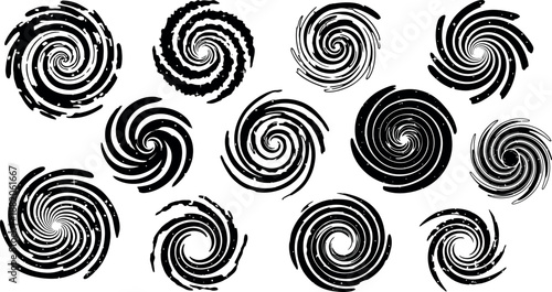 Collection of black and white swirling spiral shapes