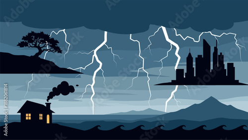 Dramatic landscape with lightning storm over fantasy castle and village