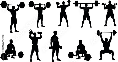 Silhouette illustrations of people engaged in various weightlifting exercises