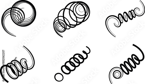 Collection of six black and white spiral designs on a white background