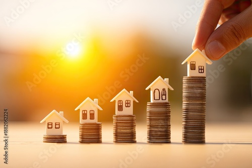 Miniature houses stacked on coins, increasing in size with a hand adding the last one