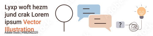 Creativity, innovation, communication, problem resolution, brainstorming, idea generation. Speech bubbles, question mark tangled line lightbulb icons. Creativity and communication concept