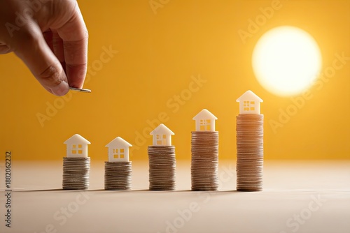 Hand placing coin on rising stack of coins with miniature houses, sun backdrop