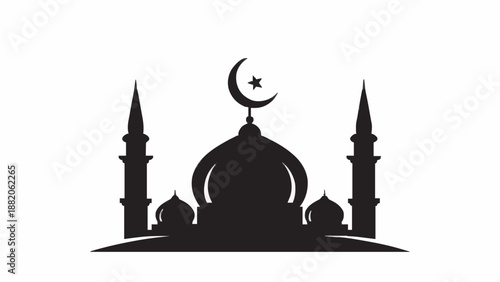 Ramadan silhouette of a grand mosque with a central dome and pointed minarets under the crescent moon