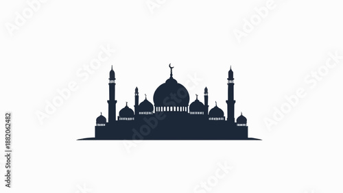 Ramadan majestic mosque silhouette with grand dome and multiple minarets for Islamic religious celebration background