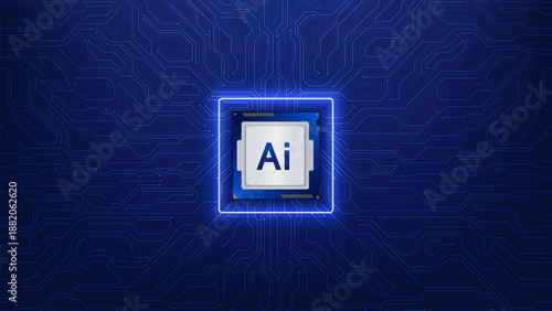 3D AI chip processor on a futuristic circuit board. Artificial Intelligence technology concept. Big data, data flow, AI assistant, chatbot, and generative images. Vector illustration.