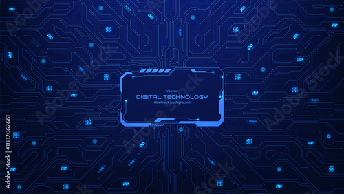 Futuristic HUD frame on circuit board background. Connected lines with electronic elements. Symbolizes technological advancement and artificial intelligence integration, Vector illustration.